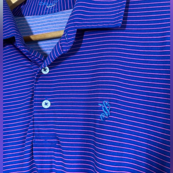 B Draddy Sport Shirt Men's XL Pink Blue Striped Golf Polo Performance Stretch - Picture 3 of 9